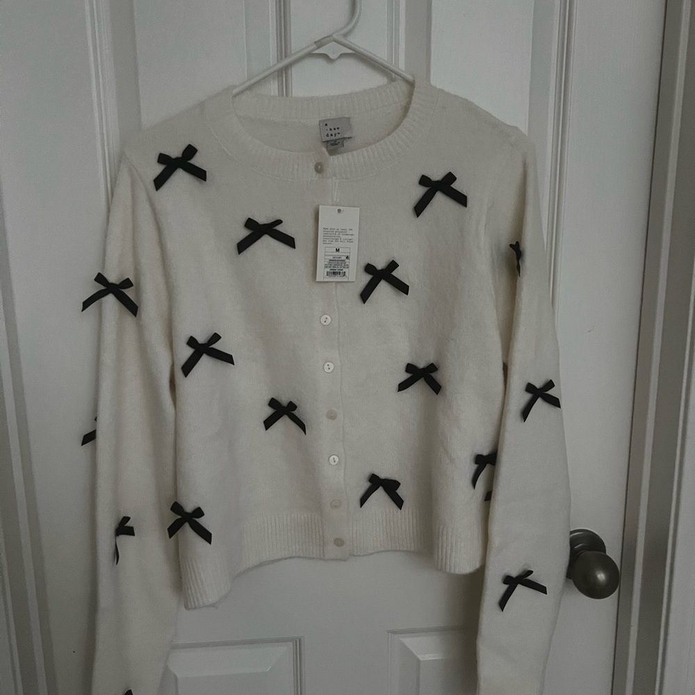 a new day White Cardigan with Black Bow Details